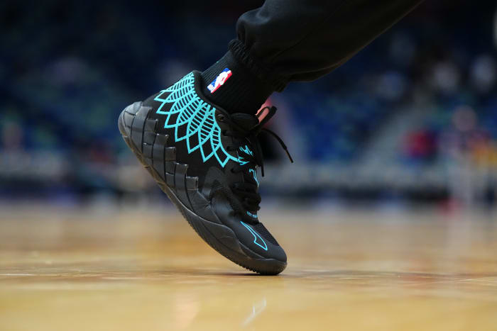 Charlotte Hornets point guard LaMelo Ball wears his signature sneaker - the Puma MB.01.